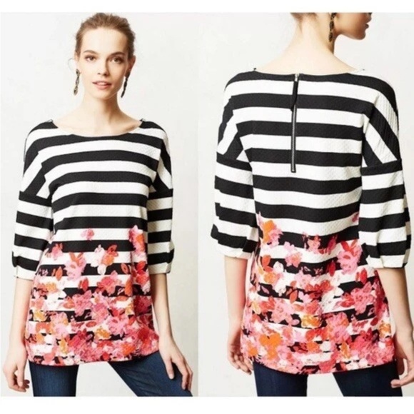 Anthropologie Postmark Linnea Striped Floral Black White Textured Tunic Top - Picture 1 of 12